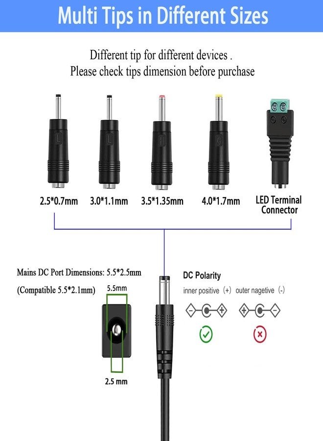 TKDY 24V 1.5A DC Power Supply Cord, fit for DC24V 1.5A 1A 0.5A LED Light Strip, 24 Volt Light Diffuser, 24 V Speakers and More, 100-240V 50/60hz 36W Power Adapter with 5 Tips (Not for Charging). - Image 5