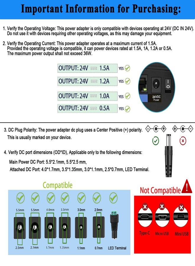 TKDY 24V 1.5A DC Power Supply Cord, fit for DC24V 1.5A 1A 0.5A LED Light Strip, 24 Volt Light Diffuser, 24 V Speakers and More, 100-240V 50/60hz 36W Power Adapter with 5 Tips (Not for Charging). - Image 2