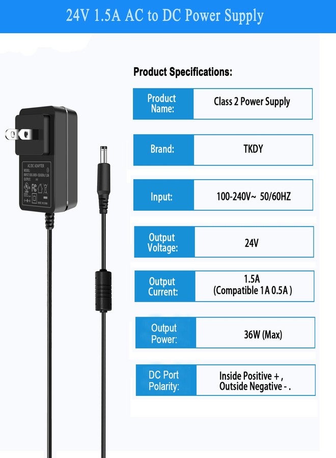 TKDY 24V 1.5A DC Power Supply Cord, fit for DC24V 1.5A 1A 0.5A LED Light Strip, 24 Volt Light Diffuser, 24 V Speakers and More, 100-240V 50/60hz 36W Power Adapter with 5 Tips (Not for Charging). - Image 4