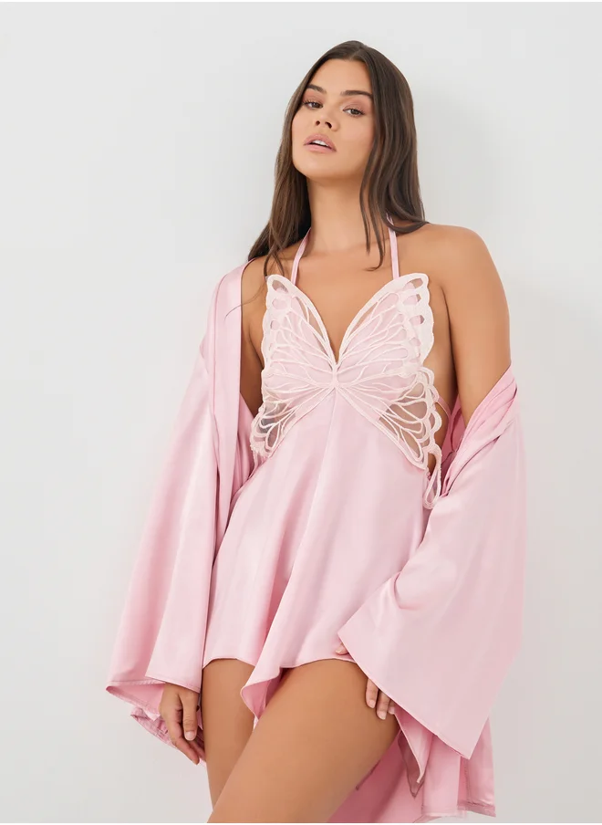 Take Two Take Two Butterfly Detail Front Satin Babydoll with Open Front  Robe