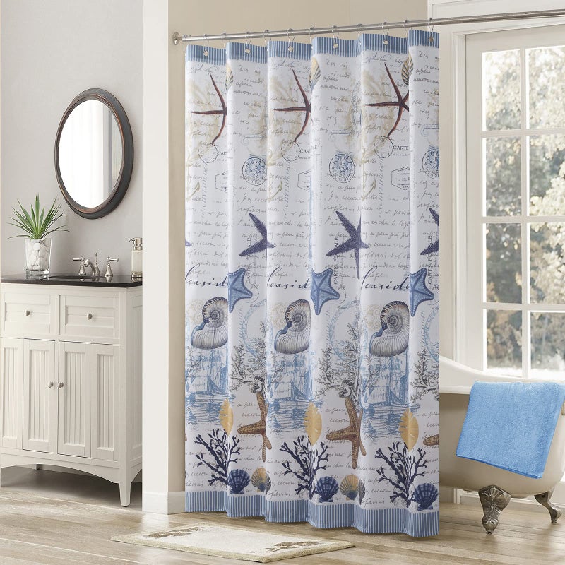 MVSUTA Under The Sea Seashell Blue Coastal Polyester Fabric Beach Lighthouse Modern Shower CurtainOcean Printed Navy Starfish Waterproof Farmhouse Bathroom Curtains72 W x 72 L