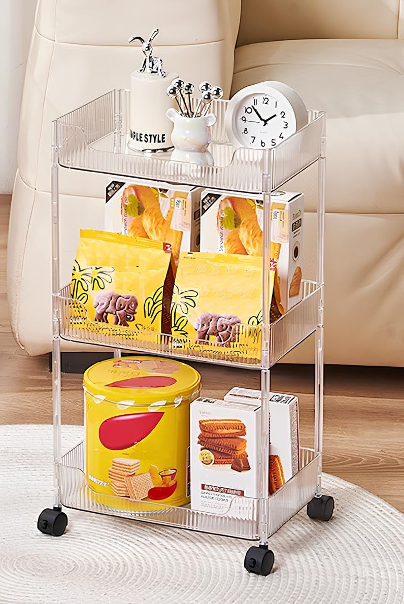 Breewell Breewell 3 Tier Utility Rolling Cart Storage Organizer Trolley Rack Mobile Baby Bedroom Snack Kitchen FloorStanding Multi3 Layer Bathroom Toilet Storage Rack Acrylic Transparent - Image 3