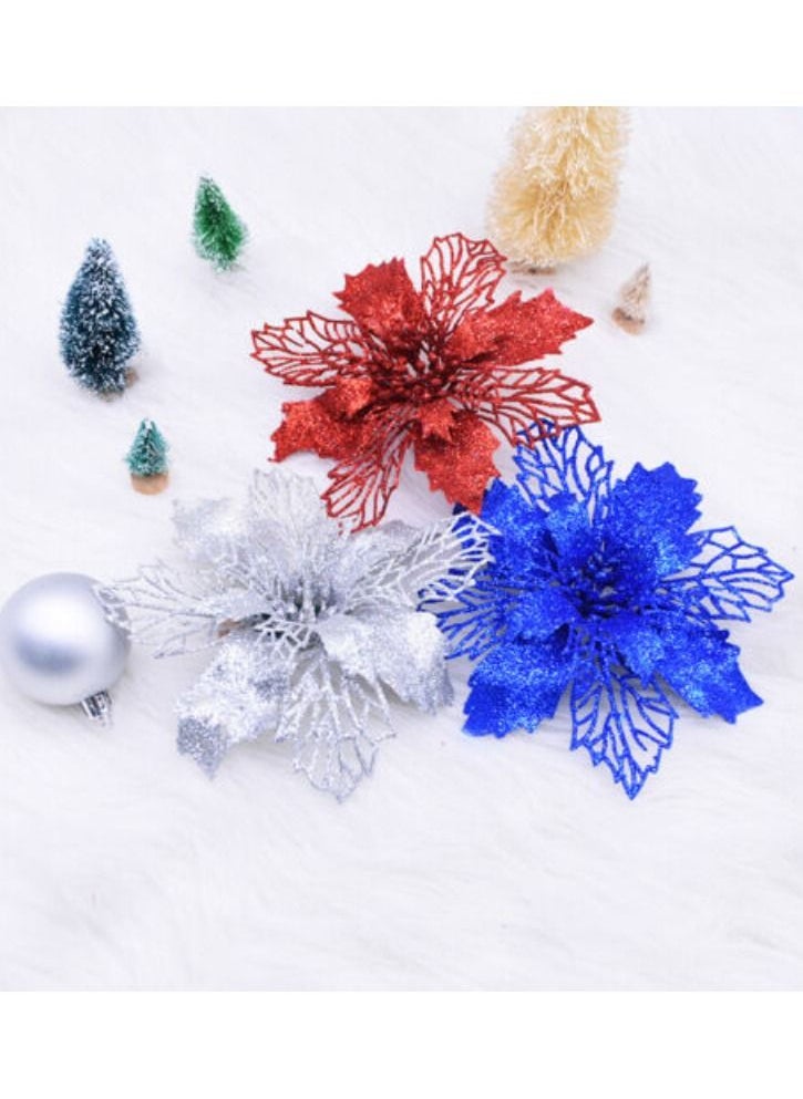 ACLIX Pack Of 3 Artificial Flower for Christmas Tree Colorful Glitter Flowers DIY Home Ornaments Gold Red Silver  - Image 1