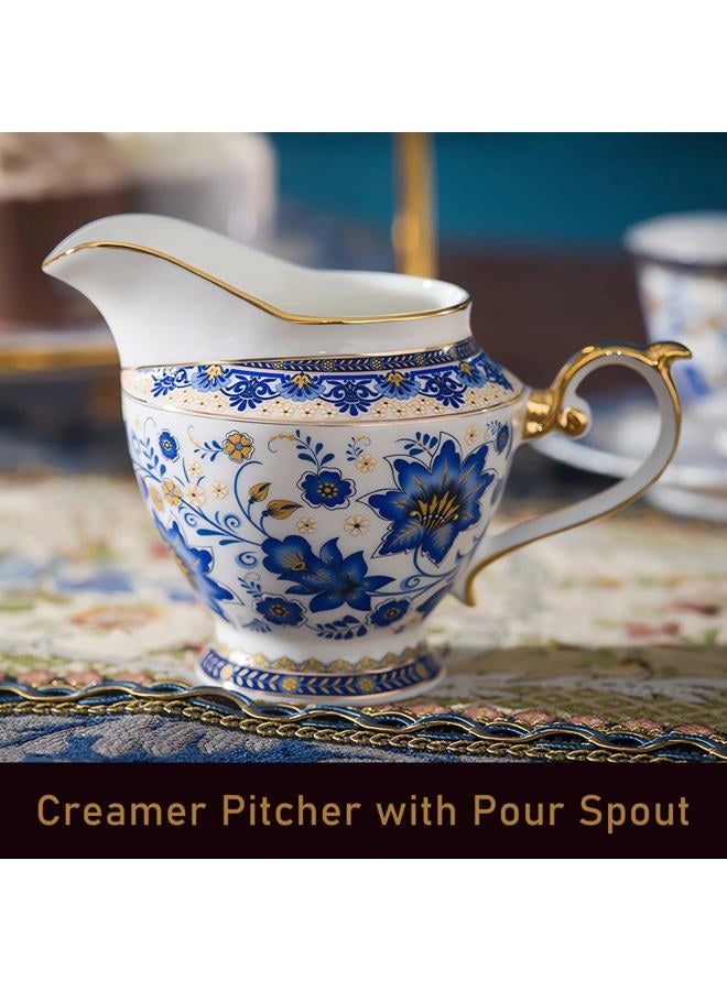 ACMLIFE Sugar and Creamer Set for Coffee Bar, 10.6 oz Bone China Cream and Sugar Set, Vintage Sugar Bowl with Lid, Blue Floral Creamer Pitcher with Pour Spout and Handle - Image 3