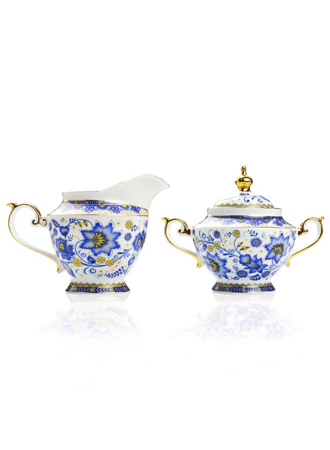 ACMLIFE Sugar and Creamer Set for Coffee Bar, 10.6 oz Bone China Cream and Sugar Set, Vintage Sugar Bowl with Lid, Blue Floral Creamer Pitcher with Pour Spout and Handle - Image 1
