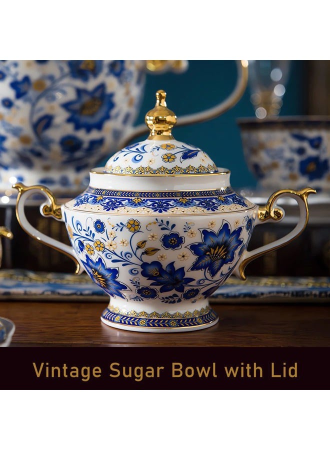 ACMLIFE Sugar and Creamer Set for Coffee Bar, 10.6 oz Bone China Cream and Sugar Set, Vintage Sugar Bowl with Lid, Blue Floral Creamer Pitcher with Pour Spout and Handle - Image 2