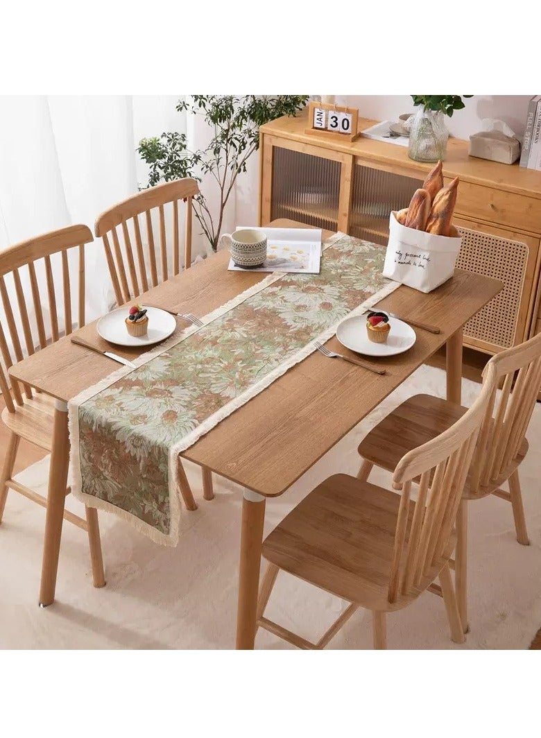 جوسكوين عداء طاولة عتيق، مصنوع من قماش الجاكارد المكون من البوليستر والقطن، بتصميم نمط زهور الأقحوان الصغيرة بأسلوب لوحة زيتية وحواف مزخرفة، مناسب لتغطية طاولة القهوة في المنزل، وتزيين الطاولة لمناسبات الحفلات المنزلية، وحفلات الزفاف. الحجم 30x180 سم. اللون: أخضر. - Image 2