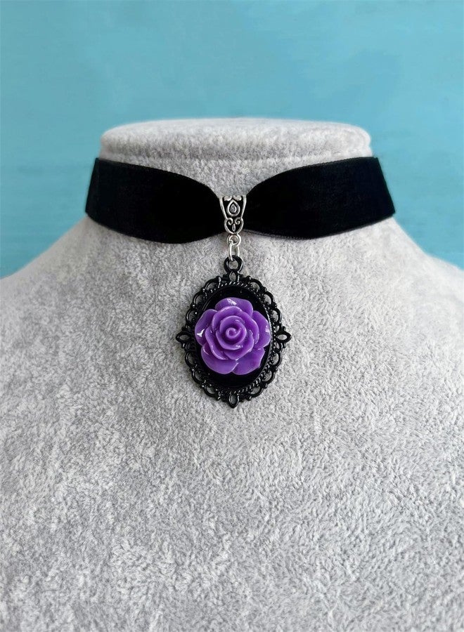 GYRMMUE Red Rose Cameo Pendent Choker,Gothic Black Velvet Choker Necklace Vintage Resin Red Crystal Gem Pendent Necklace Witch Jewelry for Women (Purple) - Image 3