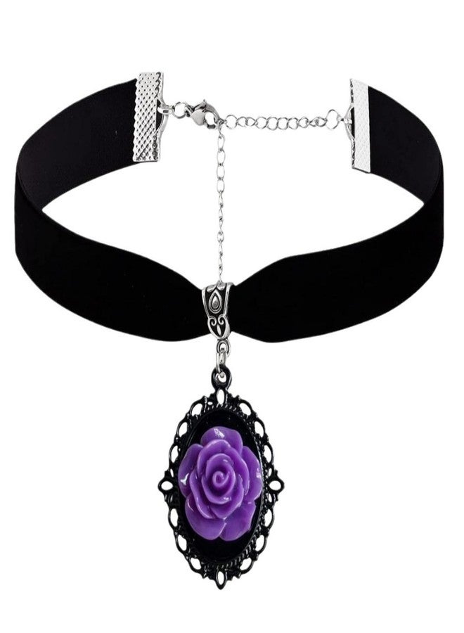 GYRMMUE Red Rose Cameo Pendent Choker,Gothic Black Velvet Choker Necklace Vintage Resin Red Crystal Gem Pendent Necklace Witch Jewelry for Women (Purple) - Image 1