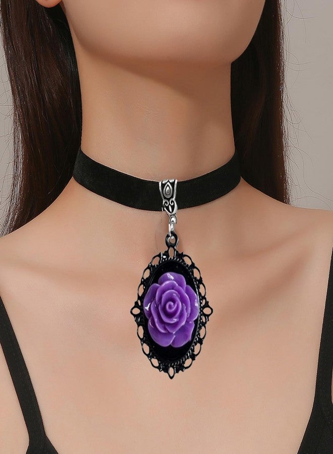 GYRMMUE Red Rose Cameo Pendent Choker,Gothic Black Velvet Choker Necklace Vintage Resin Red Crystal Gem Pendent Necklace Witch Jewelry for Women (Purple) - Image 2