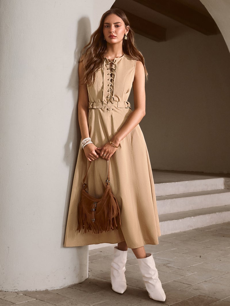 SIMPLEE Square Neck Sleeveless Solid Maxi Dress, Waist Cinched Flowy Skirt, Modest Elegant Long Dress - Image 4