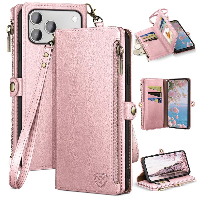 XcaseBar Compatible with iPhone 17 Pro Max 6.9" Wallet case with Zipper Credit Card Holderã€RFID Blockingã€‘,Flip Folio Book PU Phone case Shockproof Cover Women Men for Apple 17 Pro Max case Rose Gold - Image 1