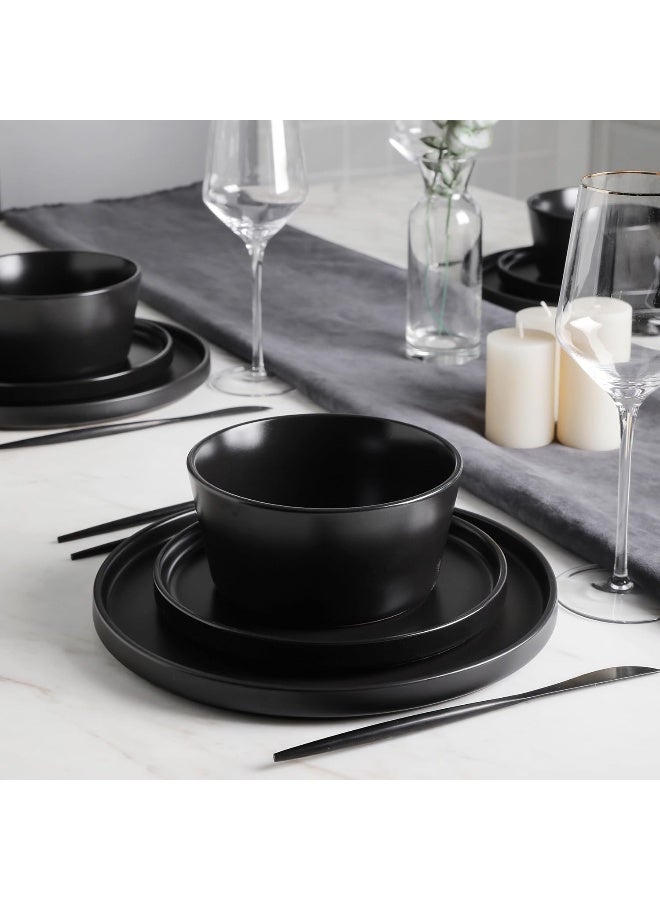 Stone Lain طقم أدوات المائدة من ستون لاين سيلينا 16 قطعة من الخزف - أطباق وأوعية - خدمة لـ 4 أشخاص - أسود غير لامع - تصميم دائري بسيط - آمن للاستخدام في الميكروويف وغسالة الصحون - Image 3