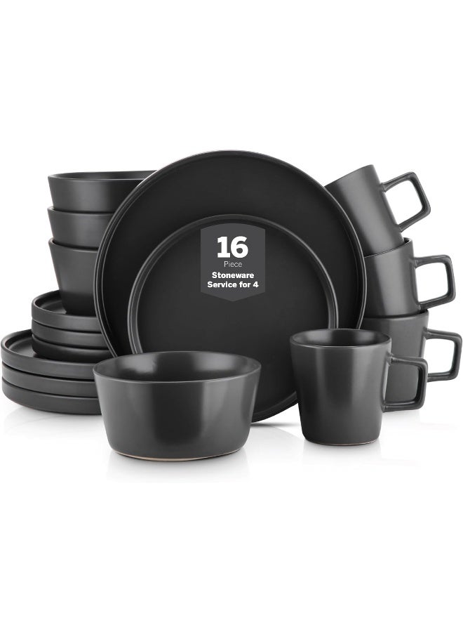 Stone Lain طقم أدوات المائدة من ستون لاين سيلينا 16 قطعة من الخزف - أطباق وأوعية - خدمة لـ 4 أشخاص - أسود غير لامع - تصميم دائري بسيط - آمن للاستخدام في الميكروويف وغسالة الصحون - Image 1