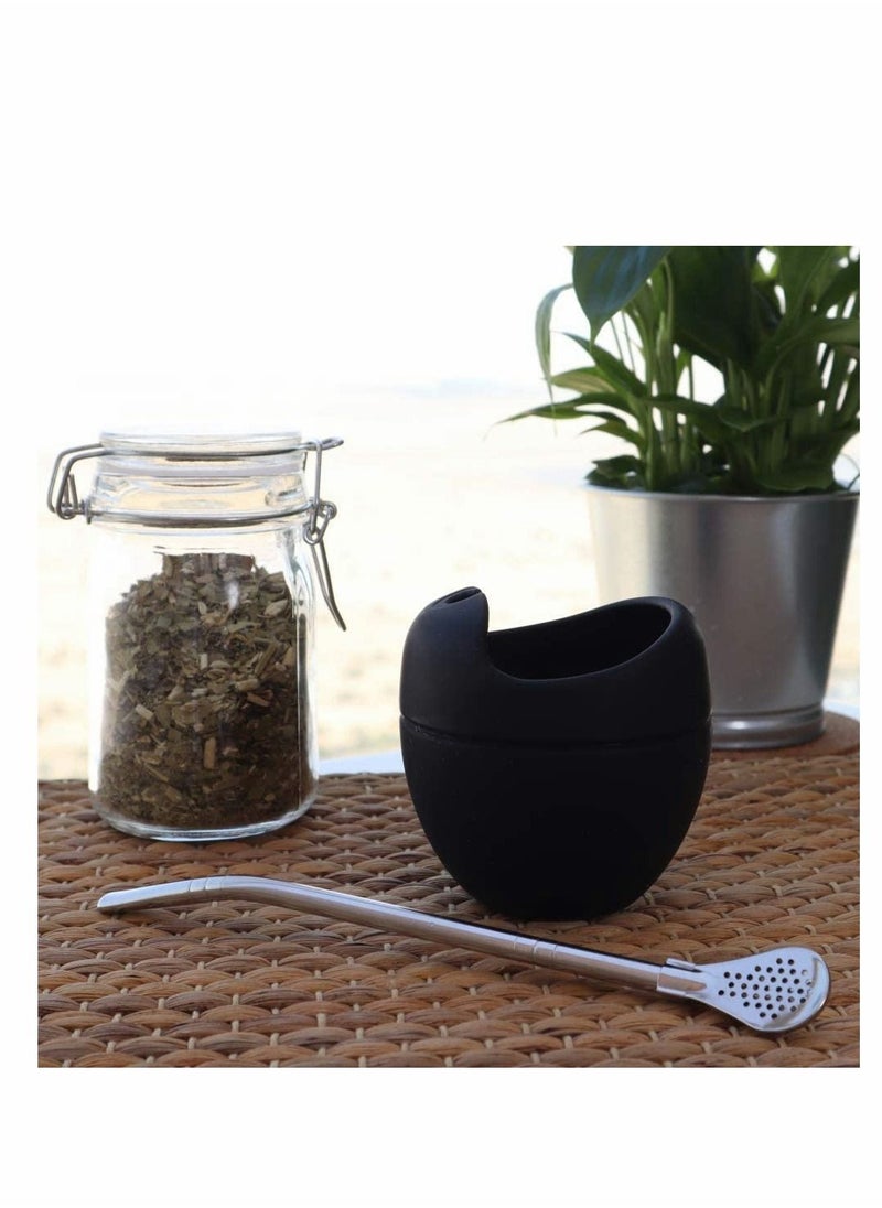 NIBEMINENT Reusable Silicone Cups 180 Ml Black Mate Gourd Cup Mug Set With Stainless Steel Straw Filter To Drink Tea And Yerba Drinking Easy Clean  - Image 2