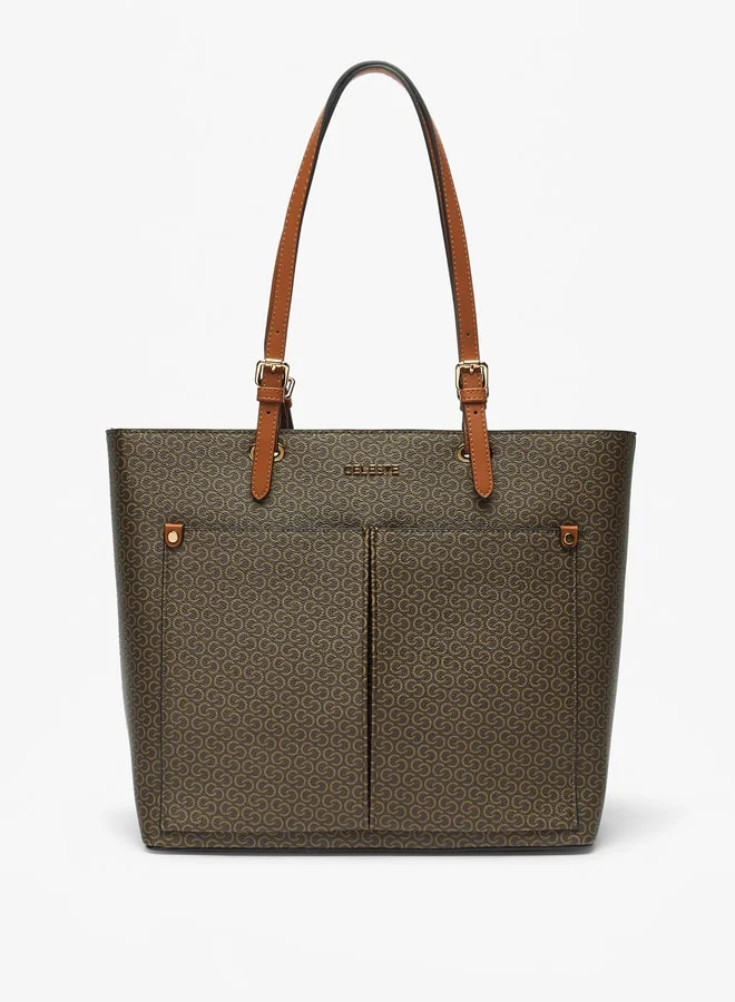 Celeste Women Monogram Print Tote Bag with Zip Closure and Double Straps