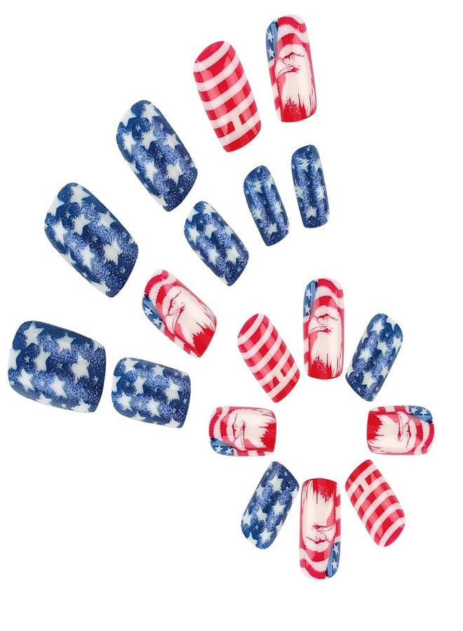 Hrnsnails 4th of July Nails - Fourth of July Nails Medium Square Press On Nails Fake Nails with Blue Stars Glitter American Eagle Design, Acrylic Artificial False Nails Press Ons Stick On Nails for Women - Image 4
