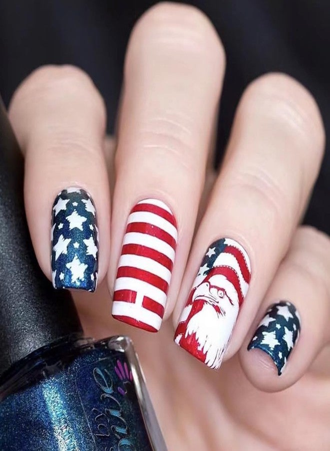 Hrnsnails 4th of July Nails - Fourth of July Nails Medium Square Press On Nails Fake Nails with Blue Stars Glitter American Eagle Design, Acrylic Artificial False Nails Press Ons Stick On Nails for Women - Image 1