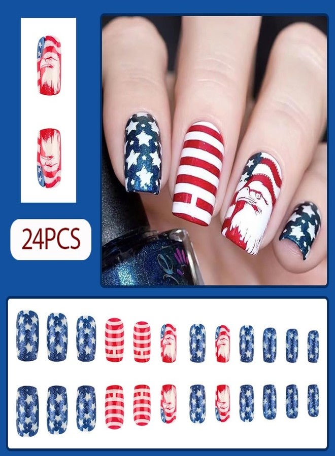 Hrnsnails 4th of July Nails - Fourth of July Nails Medium Square Press On Nails Fake Nails with Blue Stars Glitter American Eagle Design, Acrylic Artificial False Nails Press Ons Stick On Nails for Women - Image 2