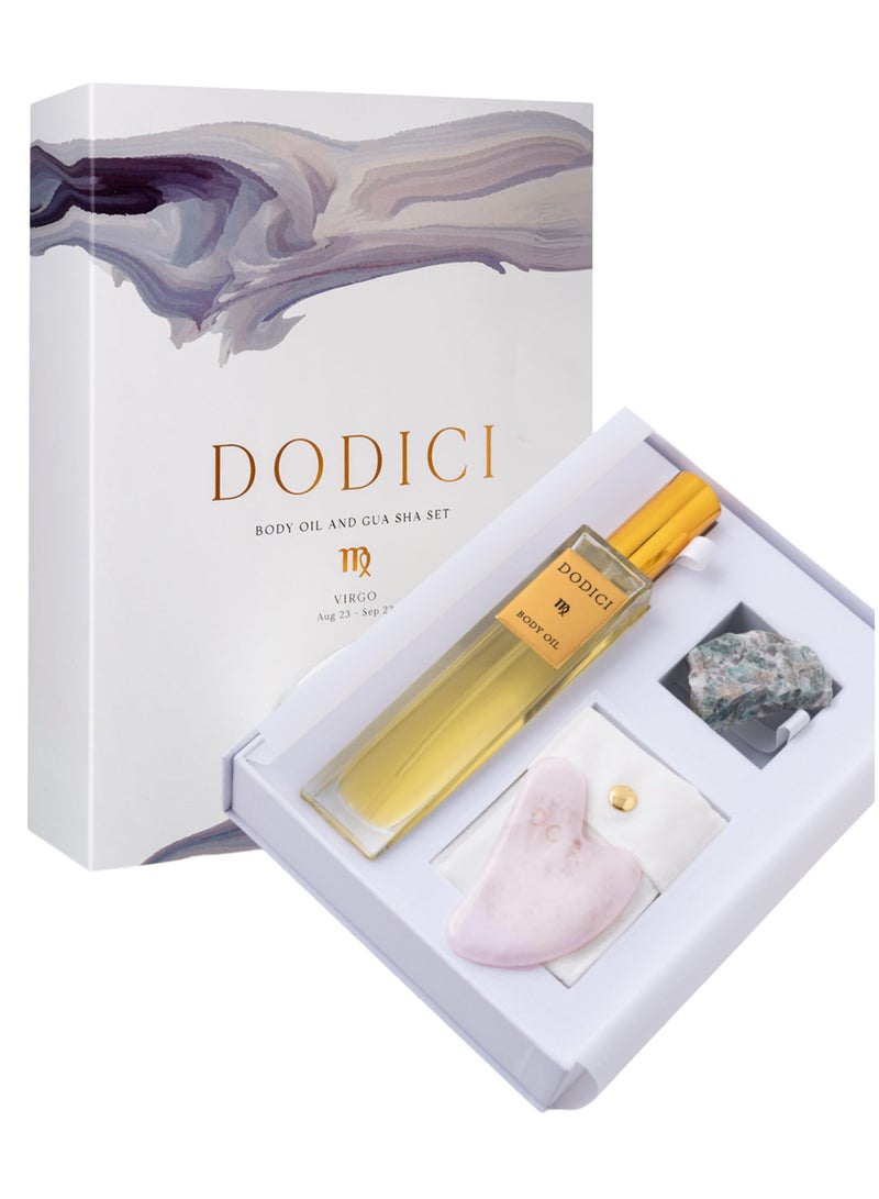 Dodici Gift Set Inspired by Your Zodiac Sign (Vigro) Silky and luxurious body oil made from ecological oils | Perfect for a Birthday Gift | Organic Body Oil & Natural AMAZONITE Gift Set + Gua Sha - Image 1