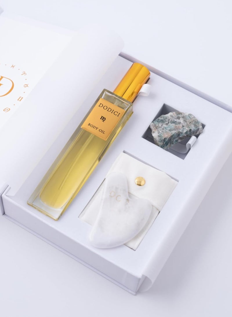 Dodici Gift Set Inspired by Your Zodiac Sign (Vigro) Silky and luxurious body oil made from ecological oils | Perfect for a Birthday Gift | Organic Body Oil & Natural AMAZONITE Gift Set + Gua Sha - Image 4