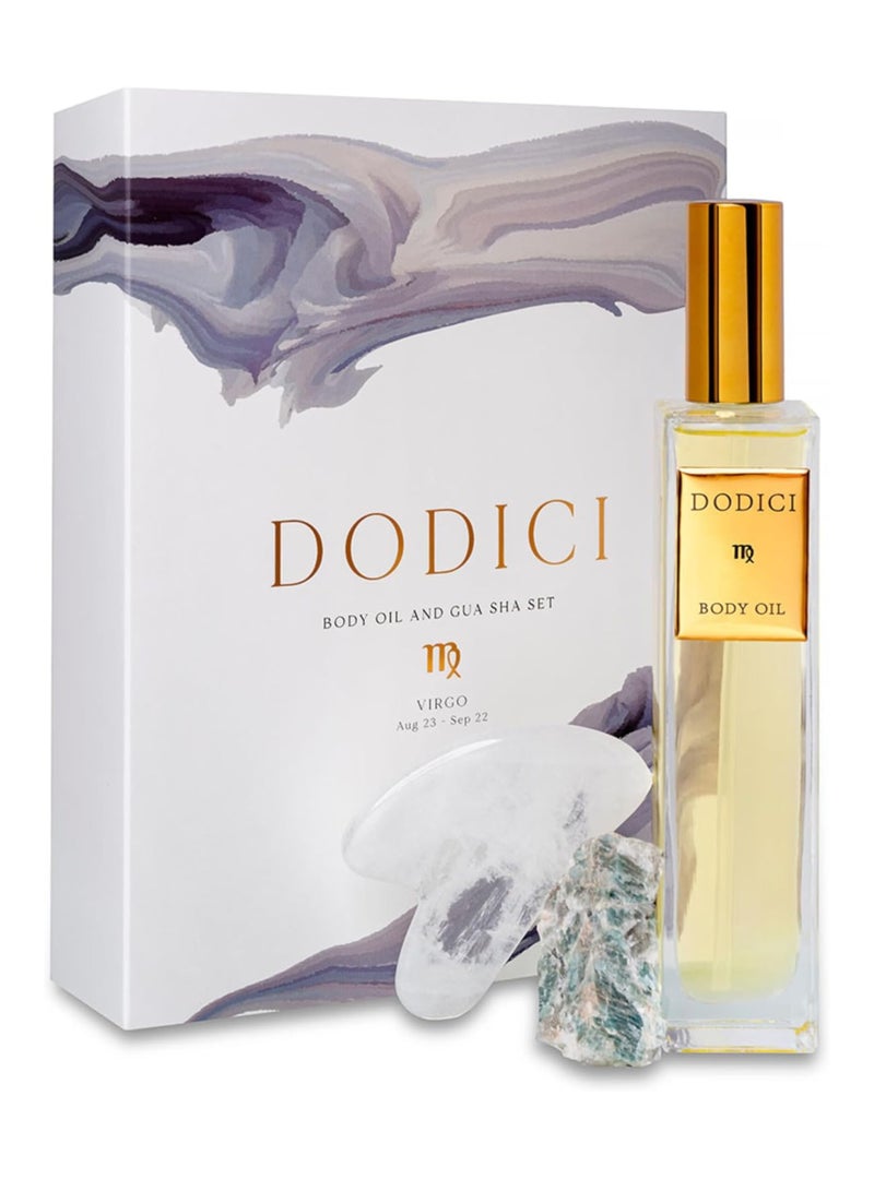 Dodici Gift Set Inspired by Your Zodiac Sign (Vigro) Silky and luxurious body oil made from ecological oils | Perfect for a Birthday Gift | Organic Body Oil & Natural AMAZONITE Gift Set + Gua Sha - Image 2