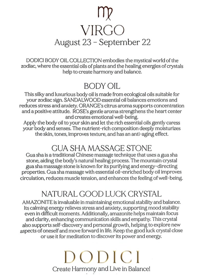 Dodici Gift Set Inspired by Your Zodiac Sign (Vigro) Silky and luxurious body oil made from ecological oils | Perfect for a Birthday Gift | Organic Body Oil & Natural AMAZONITE Gift Set + Gua Sha - Image 3