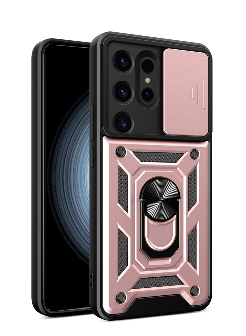 Shunjia Sliding Window Case, Shockproof Rugged Armor with Sliding Camera Cover & 360° Ring Kickstand, Compatible with Samsung Galaxy S24 Ultra (Rose Gold)