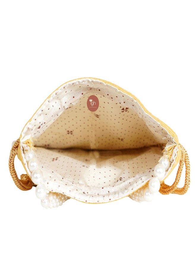 IGH Women’s Beaded Pearl Potli Bag - Traditional Silk Bridal Pouch for Weddings, Parties, Return Gifts & Festive Wear (Cream) - Image 5