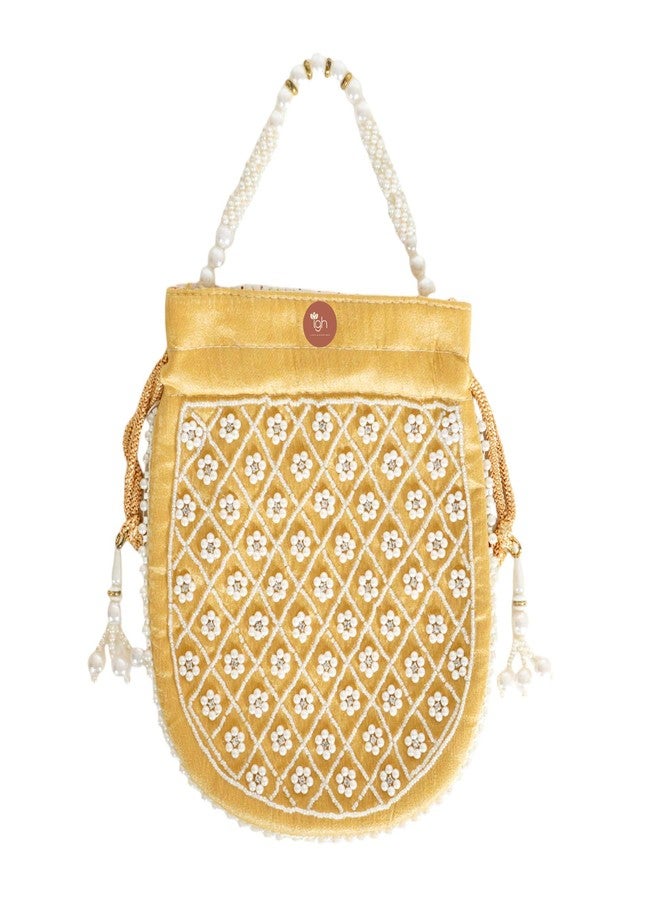 IGH Women’s Beaded Pearl Potli Bag - Traditional Silk Bridal Pouch for Weddings, Parties, Return Gifts & Festive Wear (Cream) - Image 3
