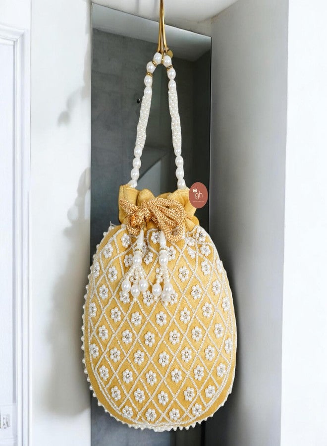 IGH Women’s Beaded Pearl Potli Bag - Traditional Silk Bridal Pouch for Weddings, Parties, Return Gifts & Festive Wear (Cream) - Image 2