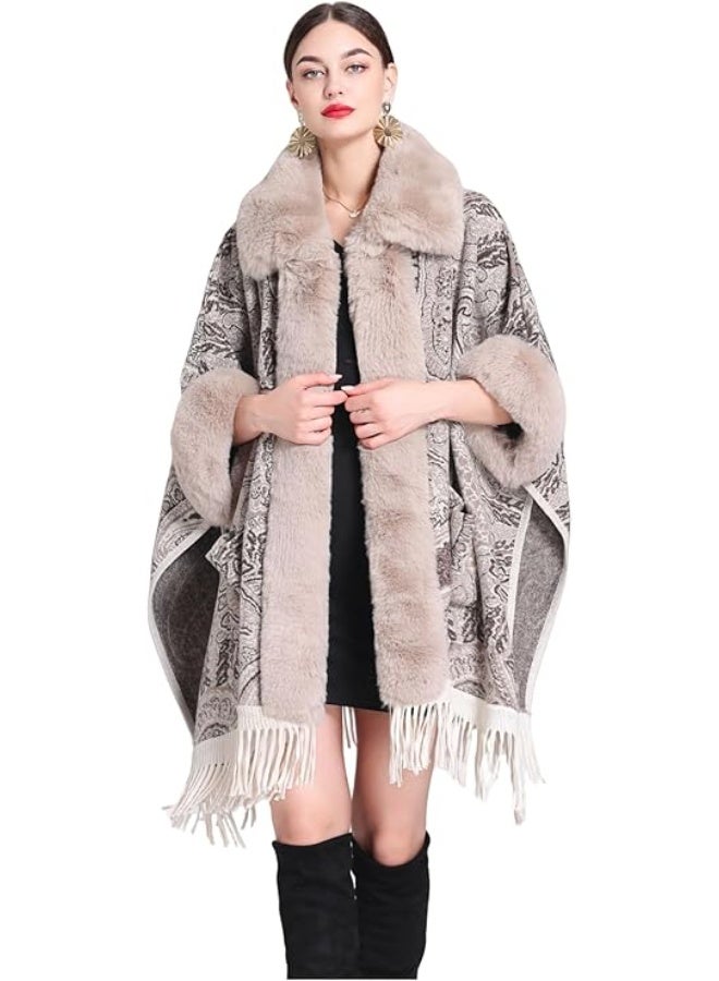 SHOWDAY Women Luxury Faux Fur Coat Jackets Wrap Cape Shawl for Wedding Party Faux Fox Fur Trim Cardigan Cloak Shawl Wraps Winter Poncho Oversized Cape