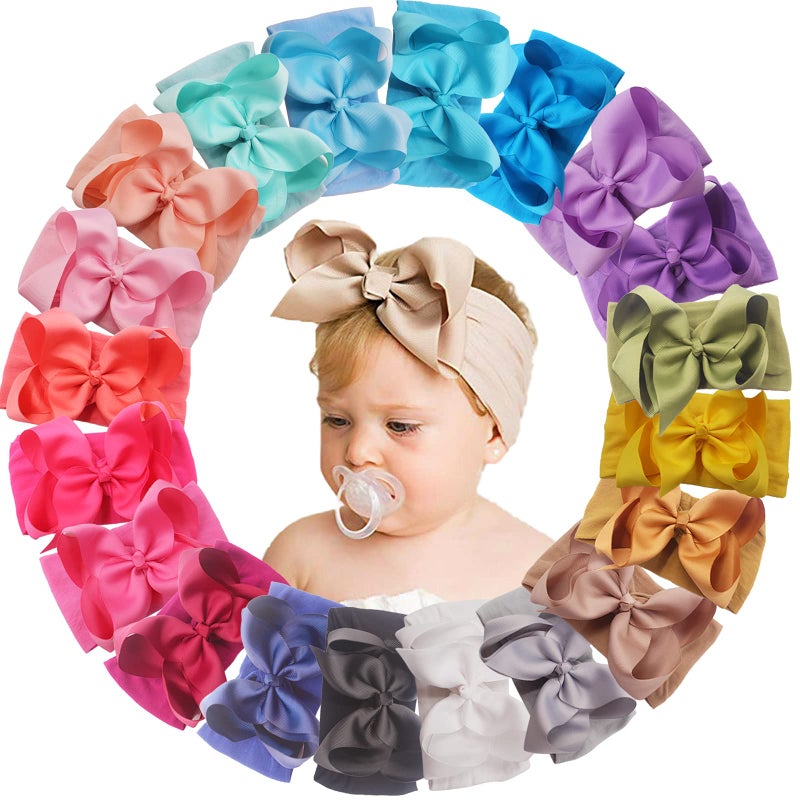 Yxiang 20pcs Baby Headbands with 6" Big Elastics Nylon Ribbon Bows Hair Accessories for Newborns, Infants, Toddlers, Kids - Image 2
