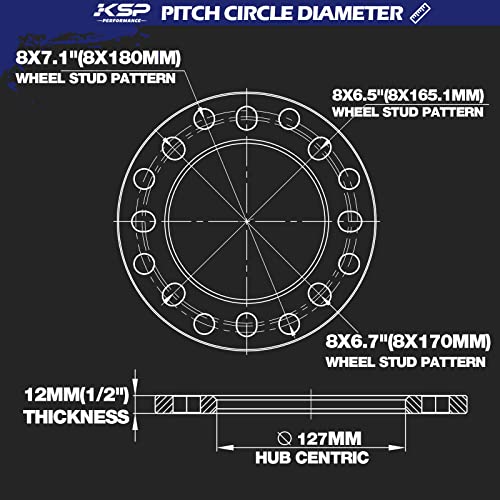 KSP PERFORMANCE KSP 8 Lug Universal Wheel Spacers 12mm, 1/2in 8x6.5 8x165.1 8x170 8x180 Lug Spacer for F350 250 Ram 2500 3500 Express Silverado Suburban Sierra 2500 3500HD Dually Wheel, 2PCS CNC Machined Spacer - Image 2