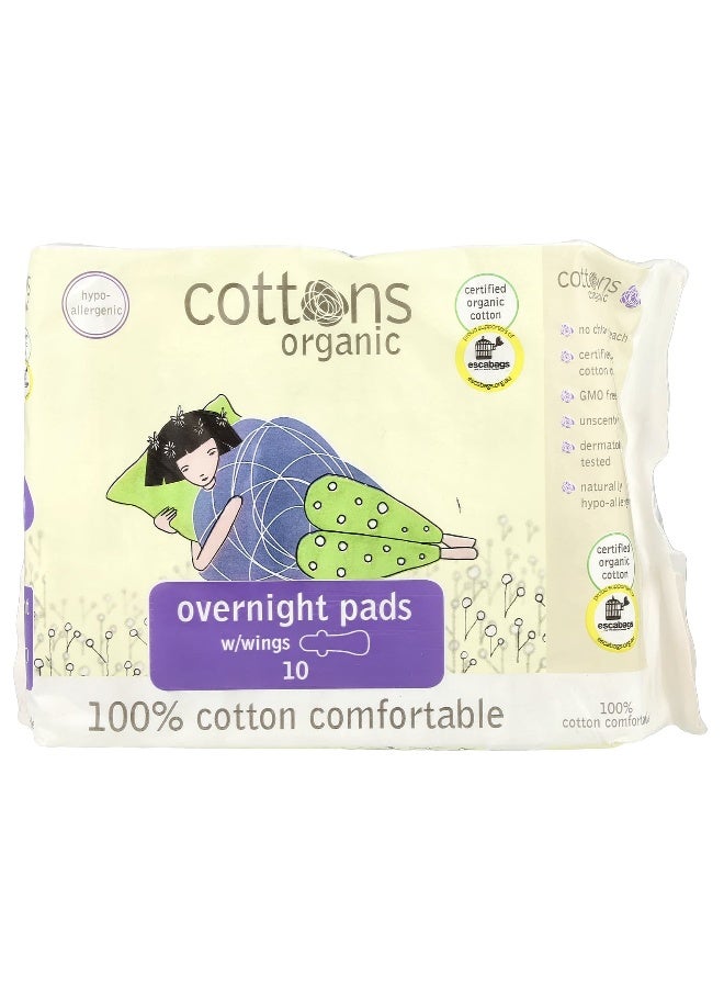 Cottons, Organic, Overnight Pads with Wings, Heavy, Unscented, 10 Pads - Image 1