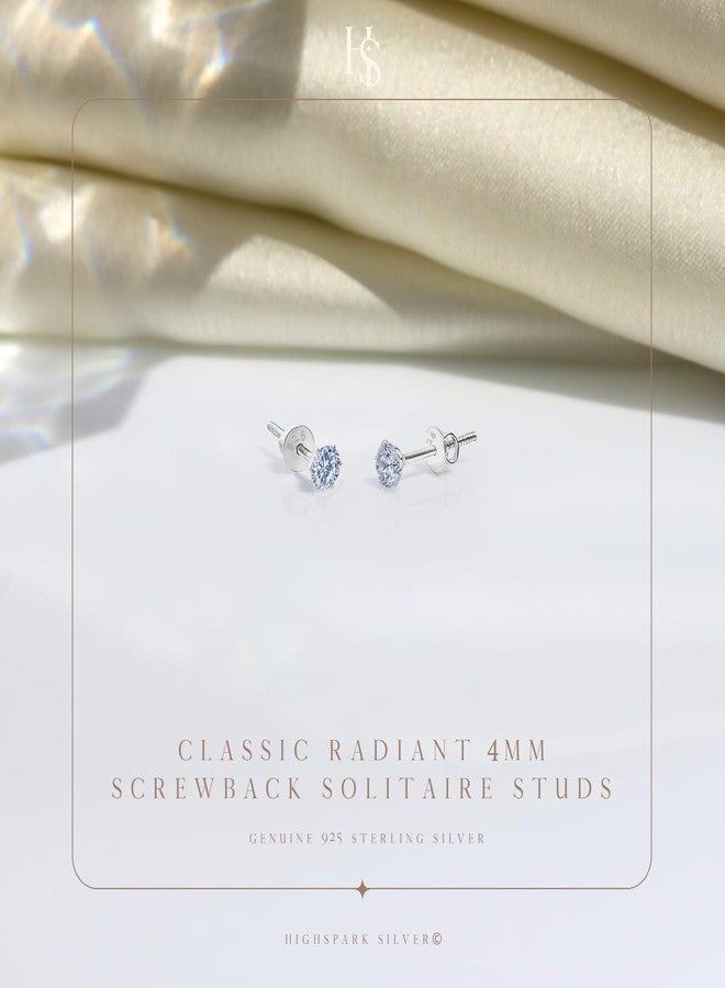 HIGHSPARK 925 Silver Solitaire Screwback Stud Earrings | 92.5 Sterling Silver & Round Brilliant Cubic Zirconia Tops for Men Women | Silver 4mm - Image 3