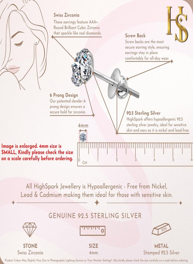 HIGHSPARK 925 Silver Solitaire Screwback Stud Earrings | 92.5 Sterling Silver & Round Brilliant Cubic Zirconia Tops for Men Women | Silver 4mm - Image 2