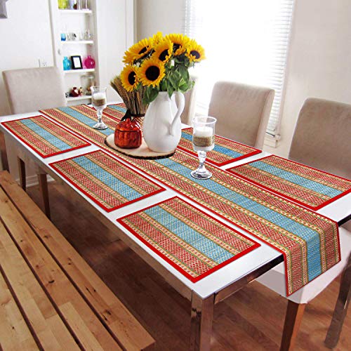 HOKIPO River Grass Natural Handcrafted Madur Kathi 6 Placemats With Runner For Dining Table, Red - Set Of 6 - Image 1