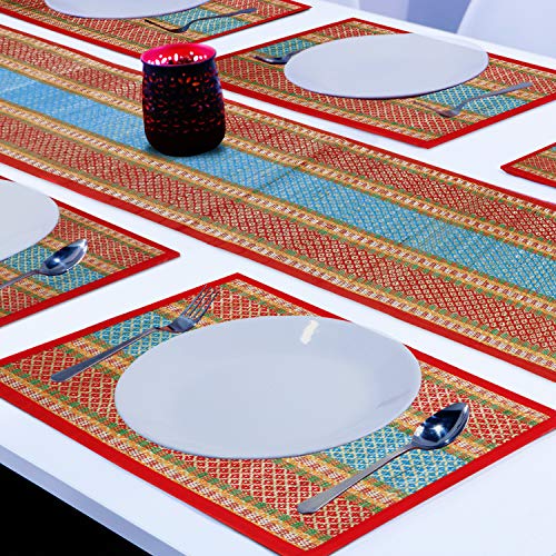 HOKIPO River Grass Natural Handcrafted Madur Kathi 6 Placemats With Runner For Dining Table, Red - Set Of 6 - Image 3