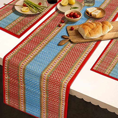 HOKIPO River Grass Natural Handcrafted Madur Kathi 6 Placemats With Runner For Dining Table, Red - Set Of 6 - Image 2