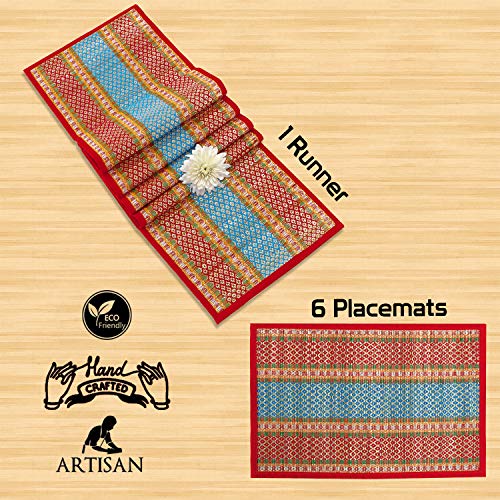 HOKIPO River Grass Natural Handcrafted Madur Kathi 6 Placemats With Runner For Dining Table, Red - Set Of 6 - Image 5