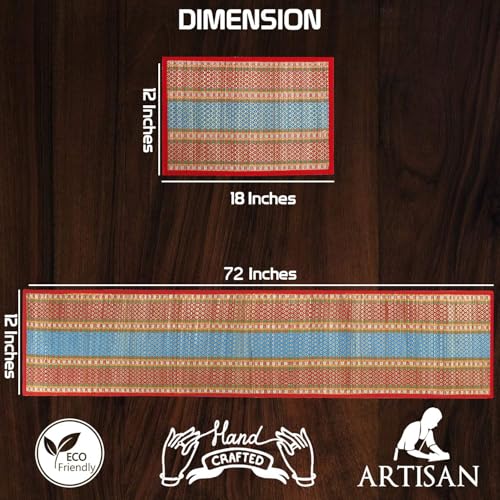 HOKIPO River Grass Natural Handcrafted Madur Kathi 6 Placemats With Runner For Dining Table, Red - Set Of 6 - Image 4