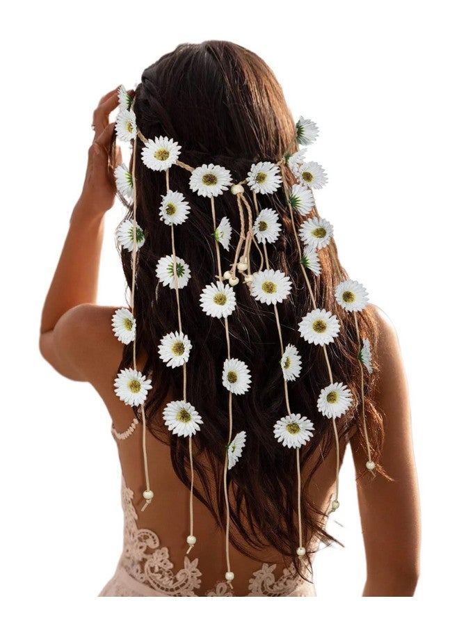 CHLINS Hippie Headband Flower Crown Bohemian Sunflower Headband Flower Headpiece Hippie Costume 60s 70s Outfits for Women (White) - Image 1