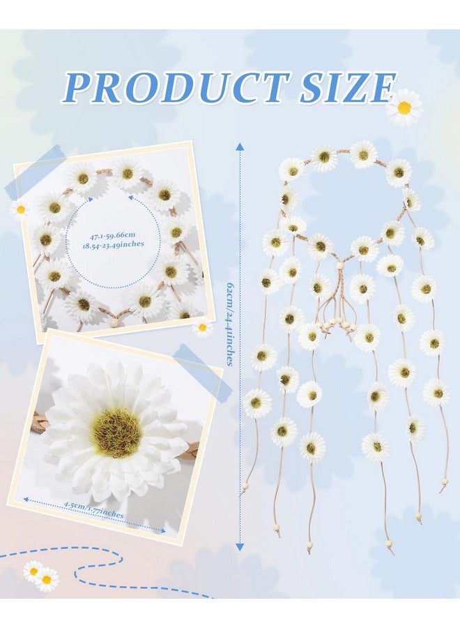 CHLINS Hippie Headband Flower Crown Bohemian Sunflower Headband Flower Headpiece Hippie Costume 60s 70s Outfits for Women (White) - Image 2