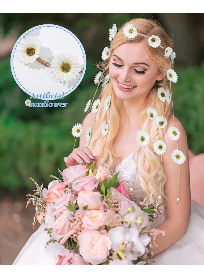 CHLINS Hippie Headband Flower Crown Bohemian Sunflower Headband Flower Headpiece Hippie Costume 60s 70s Outfits for Women (White) - Image 5