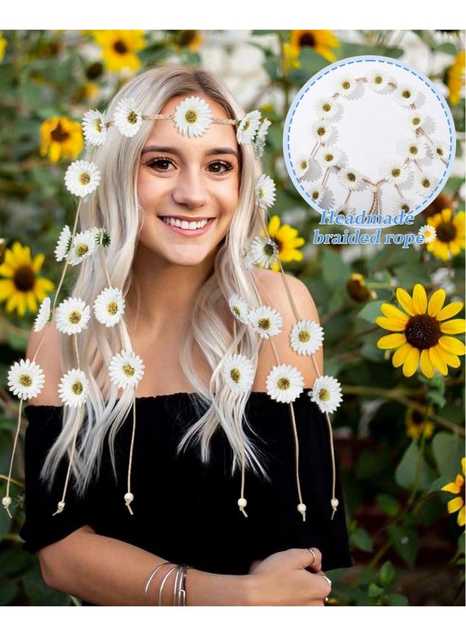 CHLINS Hippie Headband Flower Crown Bohemian Sunflower Headband Flower Headpiece Hippie Costume 60s 70s Outfits for Women (White) - Image 4