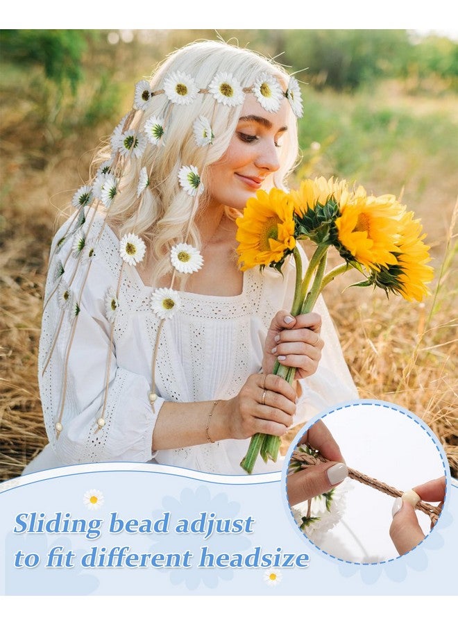 CHLINS Hippie Headband Flower Crown Bohemian Sunflower Headband Flower Headpiece Hippie Costume 60s 70s Outfits for Women (White) - Image 3
