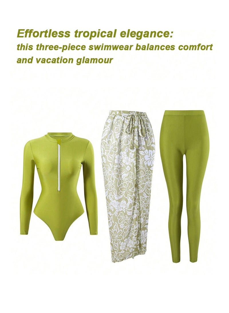 Burkini, swimwear for Muslim women, elegant full-coverage modest swimwear, holiday style swimsuit. Front zip long-sleeve one-piece swimsuit + high-waisted pants + floral print tie cover-up skirt. Slim-fit cut, premium color matching, high elasticity polyester, quick-drying & sun protection, multiple sizes available. Essential set for beach vacation / swimming and surfing, Size M - Image 2