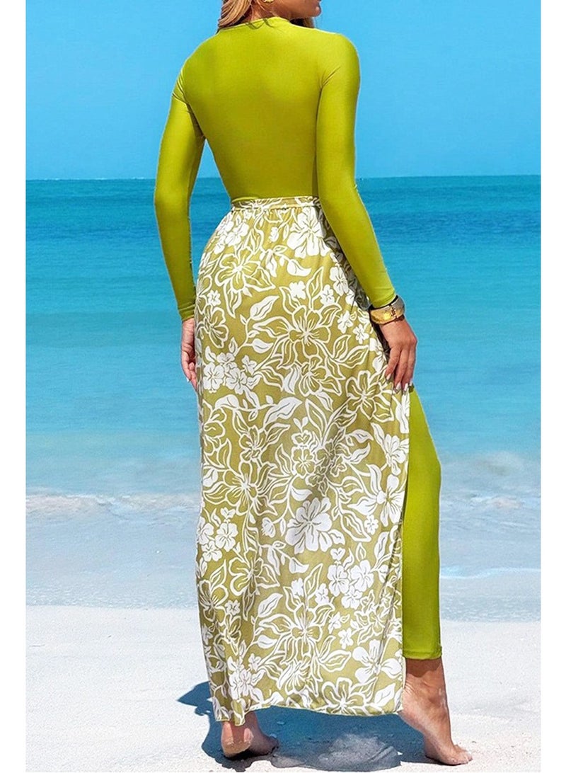 Burkini, swimwear for Muslim women, elegant full-coverage modest swimwear, holiday style swimsuit. Front zip long-sleeve one-piece swimsuit + high-waisted pants + floral print tie cover-up skirt. Slim-fit cut, premium color matching, high elasticity polyester, quick-drying & sun protection, multiple sizes available. Essential set for beach vacation / swimming and surfing, Size M - Image 5