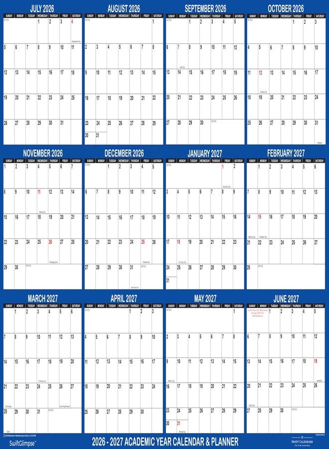 Swiftmaps 18x24 SwiftGlimpse 2026-2027 Academic Wall Calendar Dry Erase Erasable, Large, Wet & Dry Erase Laminated, Reversible, Yearly Planner JULY 2026 to JUNE 2027 ONLY - Image 2